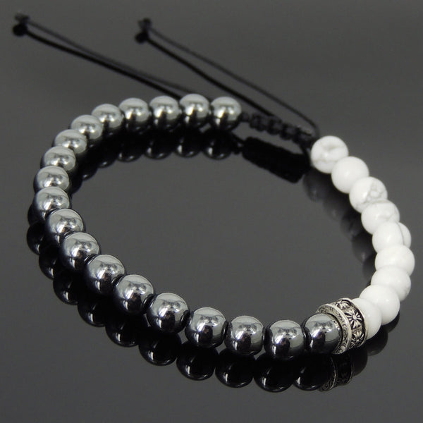 Men's Women White Howlite Hematite Adjustable Braided Bracelet 925 Sterling Silver Cross Spacers DiyNotion BR895