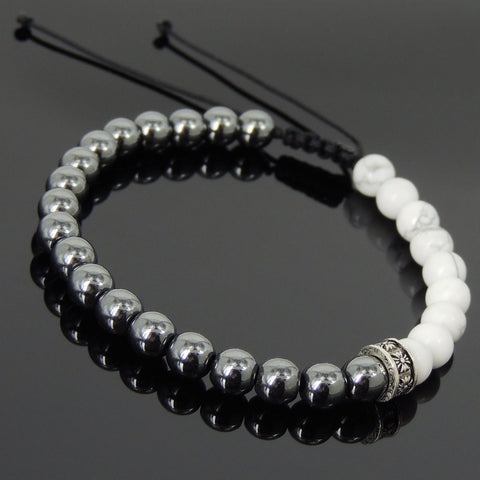 Men's Women White Howlite Hematite Adjustable Braided Bracelet 925 Sterling Silver Cross Spacers DiyNotion BR895