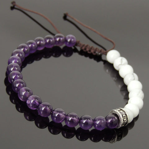 Men's Women White Howlite Amethyst Adjustable Braided Bracelet 925 Sterling Silver Cross Spacers DiyNotion BR896