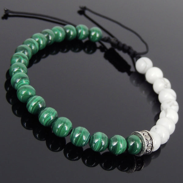 Men's Women White Howlite Malachite Adjustable Braided Bracelet 925 Sterling Silver Cross Spacers DiyNotion BR898