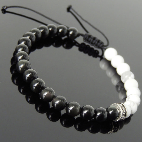 Men's Women White Howlite Black Obsidian Adjustable Braided Bracelet 925 Sterling Silver Cross Spacers DiyNotion BR902