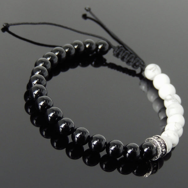 Men's Women White Howlite Black Onyx Adjustable Braided Bracelet 925 Sterling Silver Cross Spacers DiyNotion BR903