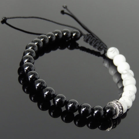 Men's Women White Howlite Black Onyx Adjustable Braided Bracelet 925 Sterling Silver Cross Spacers DiyNotion BR903