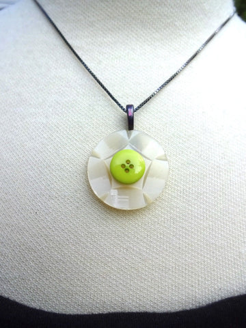 Handmade Vintage Carved Lucite Button Pendant, Spring Green Button Accent, Sterling Silver Box Chain, Translucent Button, GLN200