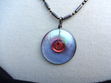 Vintage Mother of Pearl Button Pendant, Red Button Detail, Oxidized Sterling Silver Bead & Bar Chain, MPN207