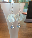 Vintage White Mother of Pearl Button Earrings, Flower MOP Buttons, Blue Crystal Bead Drops, Silver Ear Wires, MPE270