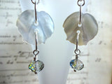 Vintage White Mother of Pearl Button Earrings, Flower MOP Buttons, Blue Crystal Bead Drops, Silver Ear Wires, MPE270