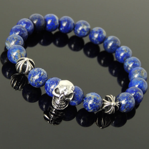 Men's Women Bracelet with Natural Lapis Lazuli Sterling Silver Skull Cross Beads DiyNotion Handmae BR756