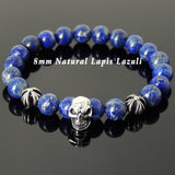 Men's Women Bracelet with Natural Lapis Lazuli Sterling Silver Skull Cross Beads DiyNotion Handmae BR756
