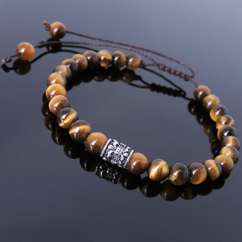 Men's Women Brown Tiger Eye Adjustable Braided Bracelet 925 Sterling Silver Fleur de Lis Bead DiyNotion BR769