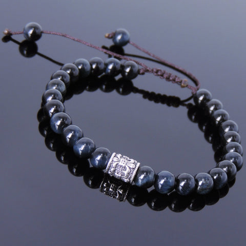 Men's Women Blue Tiger Eye Adjustable Braided Bracelet 925 Sterling Silver Fleur de Lis Bead DiyNotion BR777