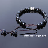 Men's Women Blue Tiger Eye Adjustable Braided Bracelet 925 Sterling Silver Fleur de Lis Bead DiyNotion BR777