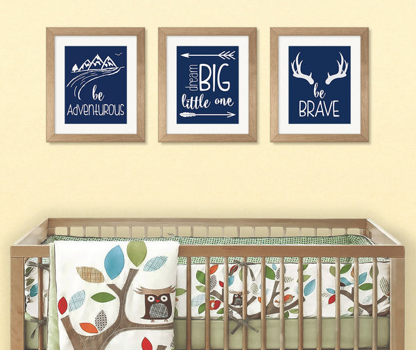 Navy Nursery Wall Art, Set of 3, Dream Big Little One, Be Brave, Be Adventurous, Printable Wall Art, INSTANT DOWNLOAD,  Baby's Nursery Print