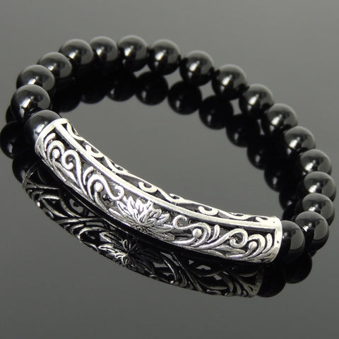 Men Women Bright Black Onyx Sterling Silver Bracelet Lotus Charm DiyNotion Handmade BR911
