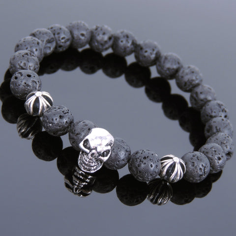 Men's Women Bracelet with Lava Rock Sterling Silver Skull Cross Beads DiyNotion Handmae BR768