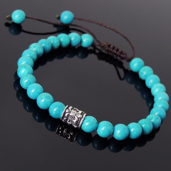 Men's Women Enhanced Turquoise Adjustable Braided Bracelet 925 Sterling Silver Fleur de Lis Bead DiyNotion BR778