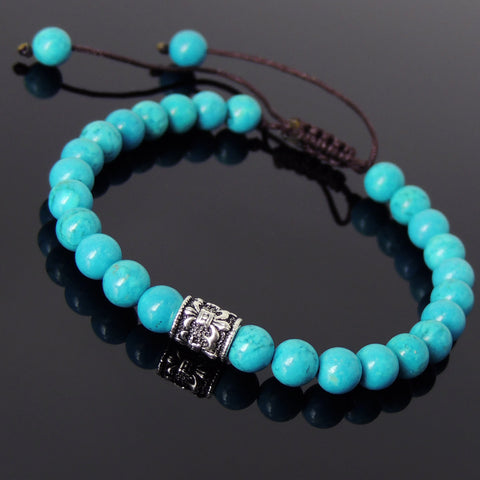Men's Women Enhanced Turquoise Adjustable Braided Bracelet 925 Sterling Silver Fleur de Lis Bead DiyNotion BR778
