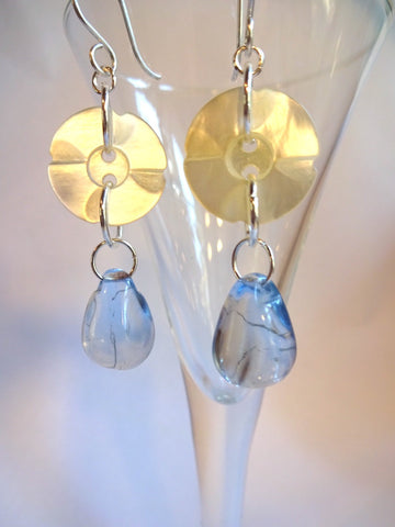 Vintage White Mother of Pearl Button Earrings, MOP Buttons, Blue Glass Bead Drops, Hand Made Silver French Hook Ear Wires WME102