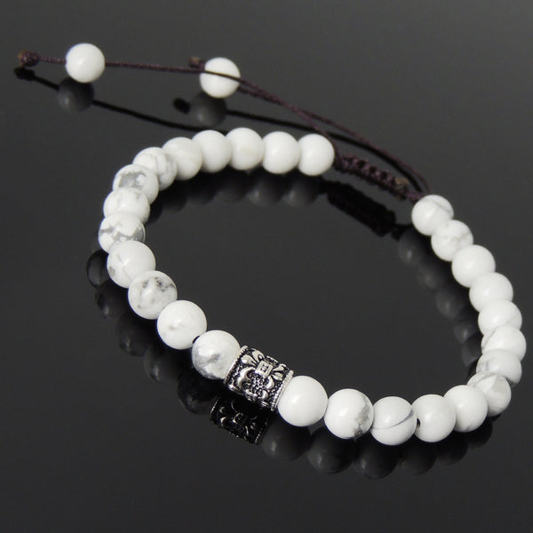 Men's Women White Howlite Adjustable Braided Bracelet 925 Sterling Silver Fleur de Lis Bead DiyNotion BR776