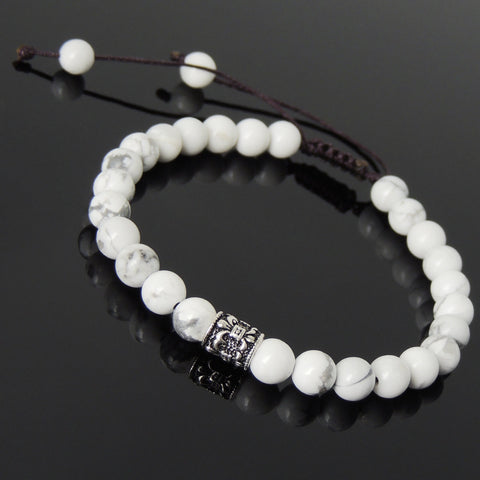 Men's Women White Howlite Adjustable Braided Bracelet 925 Sterling Silver Fleur de Lis Bead DiyNotion BR776