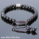Men's Women Black Obsidian Adjustable Braided Bracelet 925 Sterling Silver Fleur de Lis Bead DiyNotion BR779