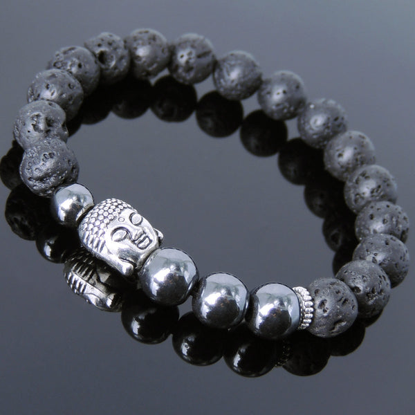 Men's Women Lava Rock Hematite Tibetan Silver Bracelet Sakyamuni Buddha Yoga Mala DiyNotion Handmade T211