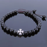 Men's Women Black Obsidian Adjustable Braided Bracelet Tibetan Silver Cross Bead DiyNotion T108