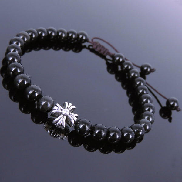 Men's Women Black Obsidian Adjustable Braided Bracelet Tibetan Silver Cross Bead DiyNotion T108