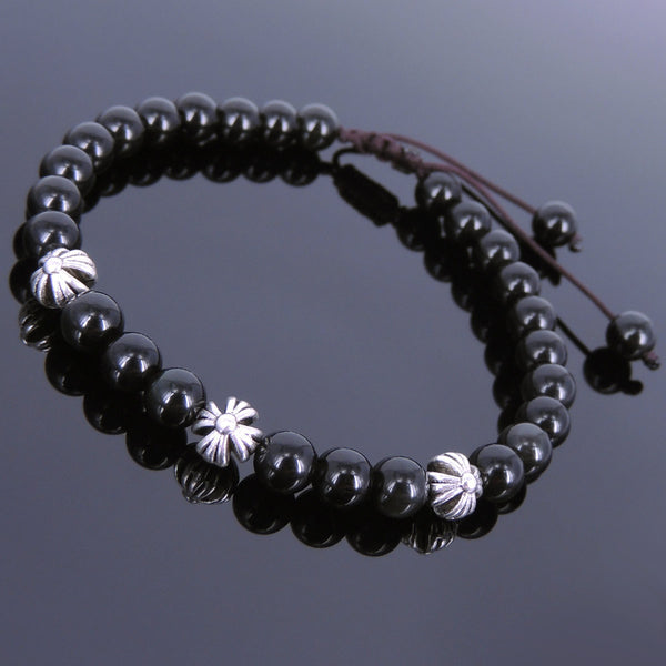 Men's Women Black Obsidian Adjustable Braided Bracelet Tibetan Silver Cross Beads DiyNotion T110