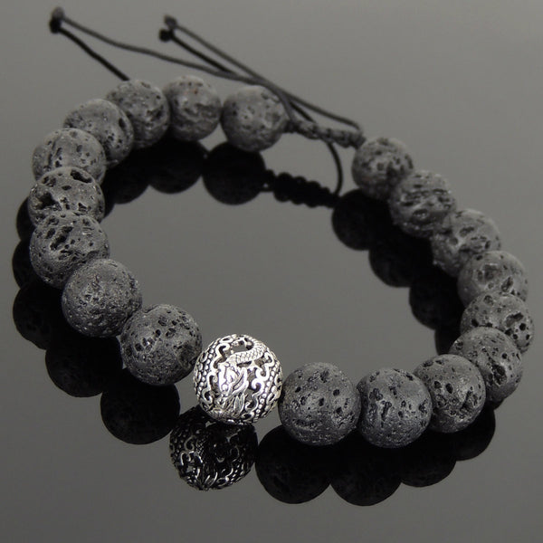 Men's Women Lava Rock Adjustable Braided Bracelet 925 Sterling Silver Dragon Bead DiyNotion BR914