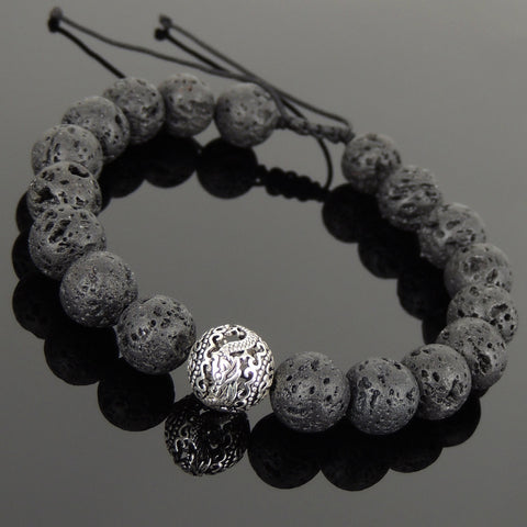 Men's Women Lava Rock Adjustable Braided Bracelet 925 Sterling Silver Dragon Bead DiyNotion BR914