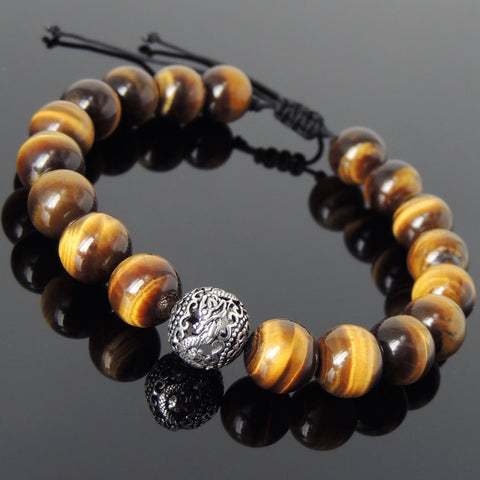 Men's Women Brown Tiger Eye Adjustable Braided Bracelet 925 Sterling Silver Dragon Bead DiyNotion BR915