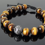 Men's Women Brown Tiger Eye Adjustable Braided Bracelet 925 Sterling Silver Dragon Bead DiyNotion BR915