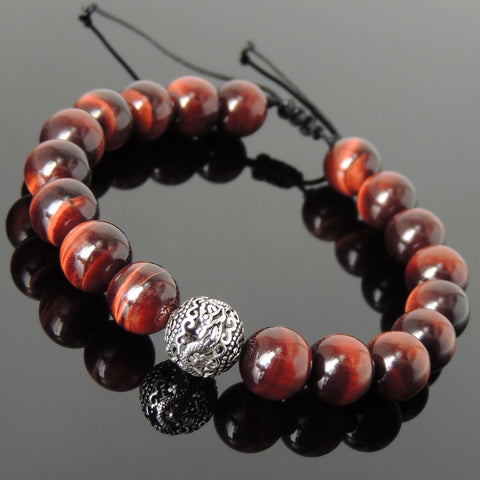 Men's Women Red Tiger Eye Adjustable Braided Bracelet 925 Sterling Silver Dragon Bead DiyNotion BR916