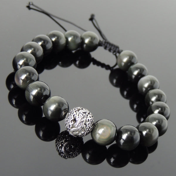 Men's Women Rainbow Black Obsidian Adjustable Braided Bracelet 925 Sterling Silver Dragon Bead DiyNotion BR918