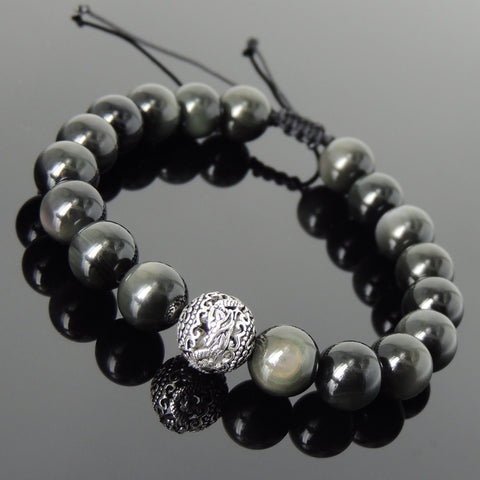 Men's Women Rainbow Black Obsidian Adjustable Braided Bracelet 925 Sterling Silver Dragon Bead DiyNotion BR918