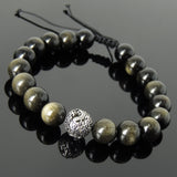Men's Women Golden Obsidian Adjustable Braided Bracelet 925 Sterling Silver Dragon Bead DiyNotion BR919