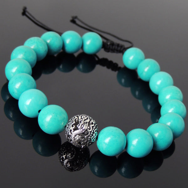 Men's Women Blue Turquoise Adjustable Braided Bracelet 925 Sterling Silver Dragon Bead DiyNotion BR920