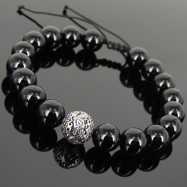 Men's Women Bright Black Onyx Adjustable Braided Bracelet 925 Sterling Silver Dragon Bead DiyNotion BR922