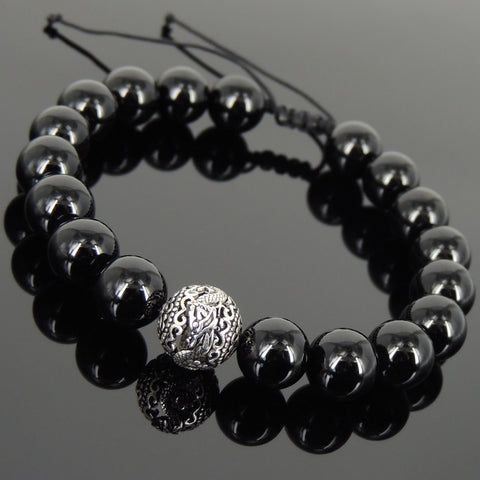Men's Women Bright Black Onyx Adjustable Braided Bracelet 925 Sterling Silver Dragon Bead DiyNotion BR922