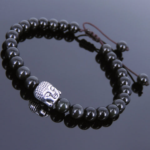 Men's Women Black Obsidian Adjustable Braided Bracelet Tibetan Silver Buddha Head Bead Buddhism DiyNotion T112