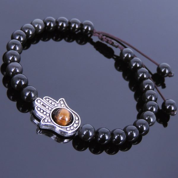 Men's Women Black Obsidian Tiger Eye Adjustable Braided Bracelet Tibetan Silver Hamsa Hand Buddhism DiyNotion T113