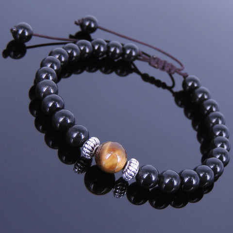 Men's Women Black Obsidian Tiger Eye Adjustable Braided Bracelet Tibetan Silver Spacers Buddhism DiyNotion T115