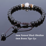 Men's Women Black Obsidian Tiger Eye Adjustable Braided Bracelet Tibetan Silver Lotus Bead Buddhism DiyNotion T116