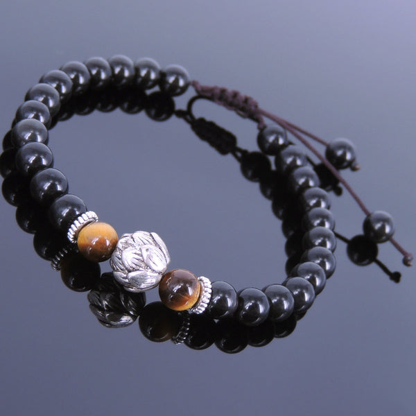 Men's Women Black Obsidian Tiger Eye Adjustable Braided Bracelet Tibetan Silver Lotus Bead Buddhism DiyNotion T116