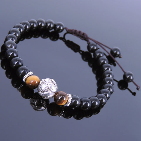 Men's Women Black Obsidian Tiger Eye Adjustable Braided Bracelet Tibetan Silver Lotus Bead Buddhism DiyNotion T116