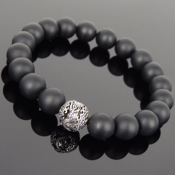 Men Women Matte Black Onyx Sterling Silver Bracelet Dragon Bead DiyNotion Handmade BR924