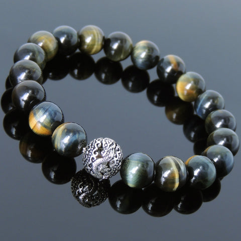 Mens' Women Brown Blue Tiger Eye Sterling Silver Bracelet Dragon Bead DiyNotion Handmade BR928