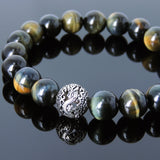 Mens' Women Brown Blue Tiger Eye Sterling Silver Bracelet Dragon Bead DiyNotion Handmade BR928