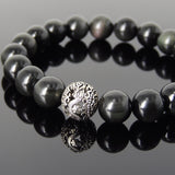 Mens' Women Rainbow Black Obsidian Sterling Silver Bracelet Dragon Bead DiyNotion Handmade BR929